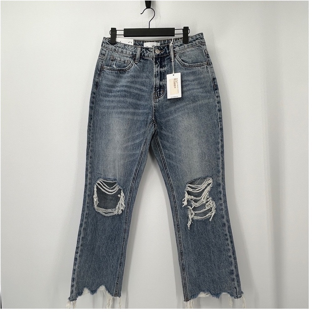 Vervet Los Angeles Cropped Rip Jeans High Rise Straight Leg Distressed Blue 27 - Picture 2 of 8